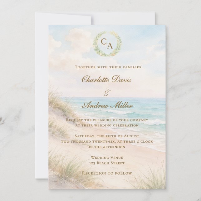 Invitación Beach coastal monogrammed wedding (Anverso)