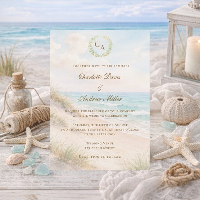 Invitación Beach coastal monogrammed wedding (Subido por el creador)
