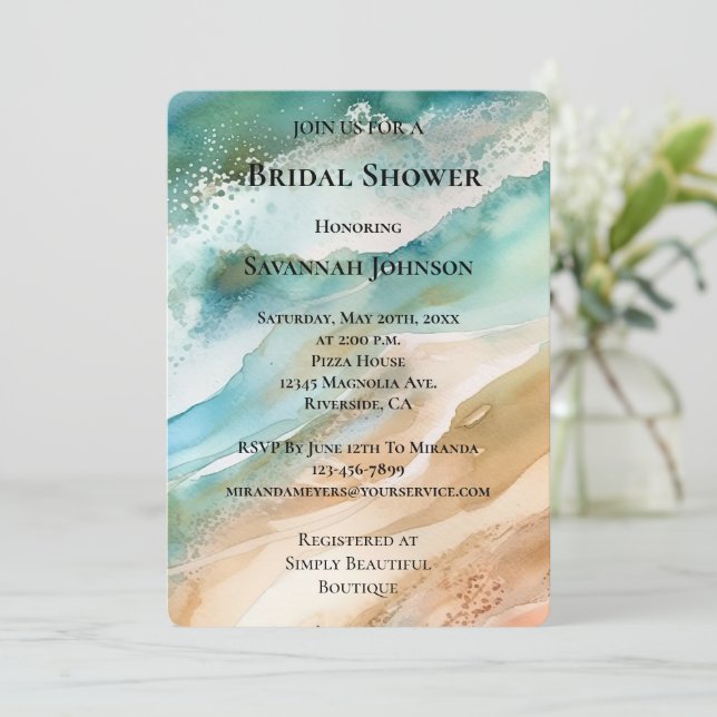 Invitación Beach Cream Aqua Ocean Bridal Shower (Anverso de pie)
