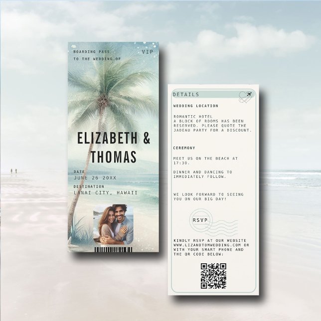 Invitación Beach Destination Modern Aqua Palm Photo Boda (tropical beach destination wedding invitation boarding pass qr code all in one photo QR watercolor)