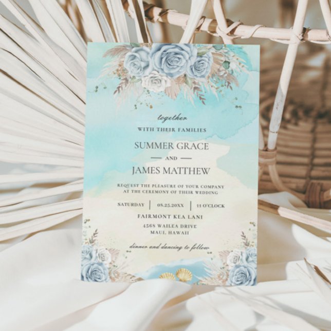Invitación Beach Destination Wedding Pampas Grass Blue Floral (Subido por el creador)