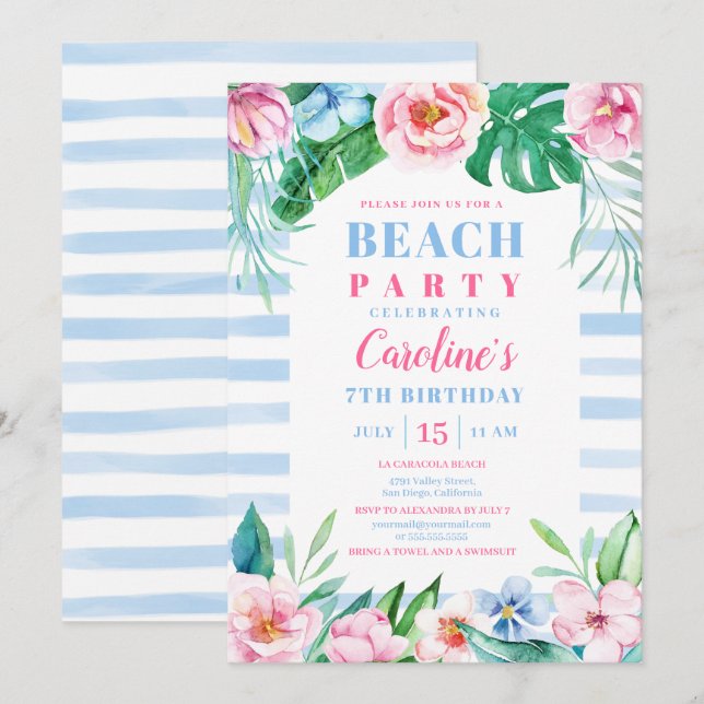 Invitación Beach Fiesta Tropical Floral Blue Stripes Cumpleañ (Anverso / Reverso)