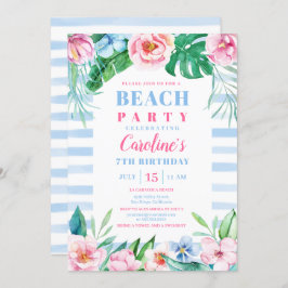 Invitación Beach Fiesta Tropical Floral Blue Stripes Cumpleañ
