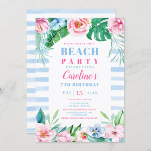 Invitación Beach Fiesta Tropical Floral Blue Stripes Cumpleañ