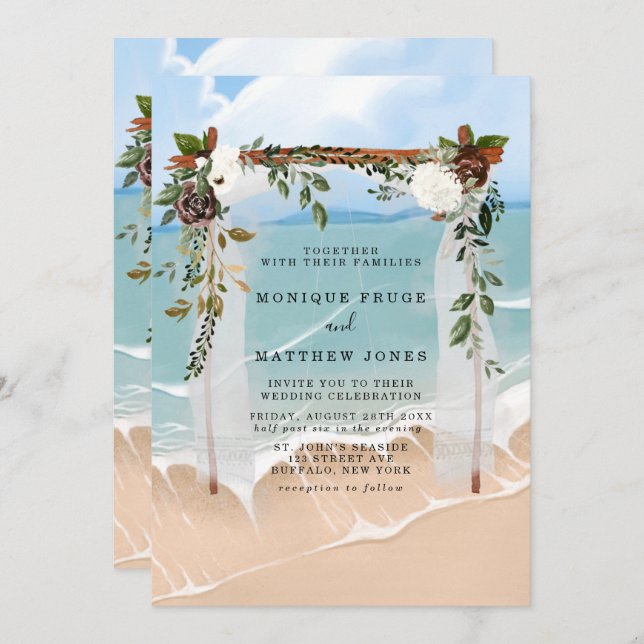 Invitación Beach Floral Canopy Tropical Moderno Boda (Anverso / Reverso)