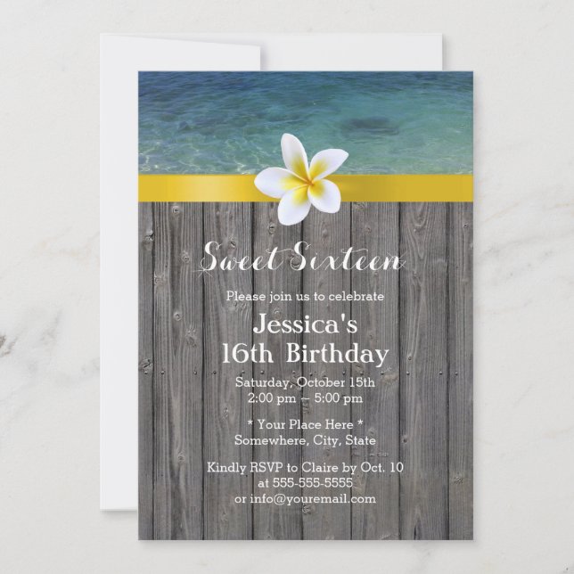 Invitación Beach & Frangipani Madera de flores fondo dulce 16
