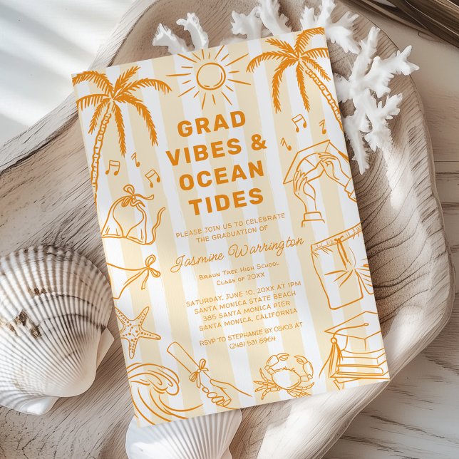 Invitación Beach Grad Vibes Doodle Yellow Graduation (Subido por el creador)