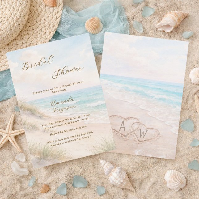 Invitación Beach hearts initials sand Bridal Shower (Subido por el creador)