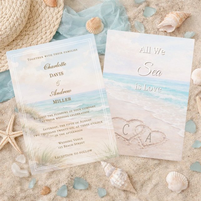 Invitación Beach hearts sand initials wedding (Subido por el creador)
