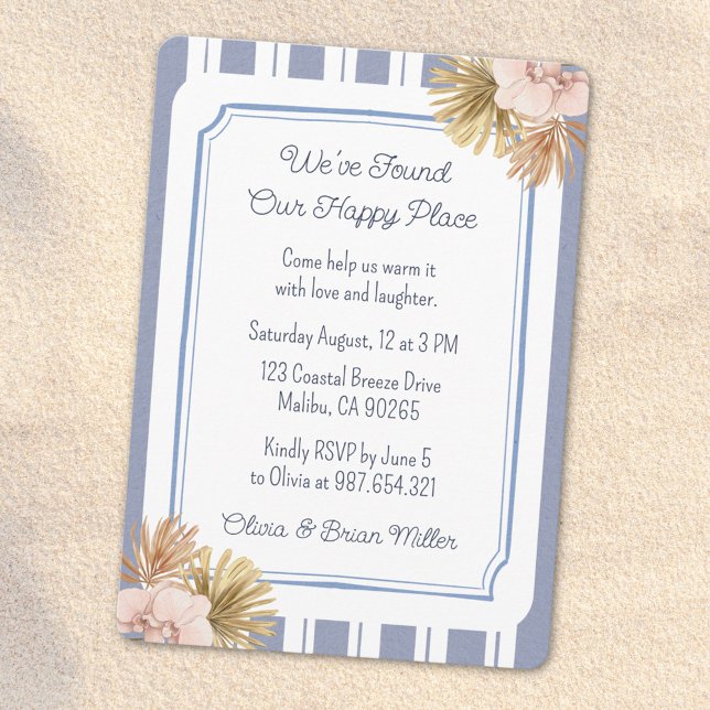 Invitación Beach House Blue Stripe Fiesta de Calentamiento de (In situ)