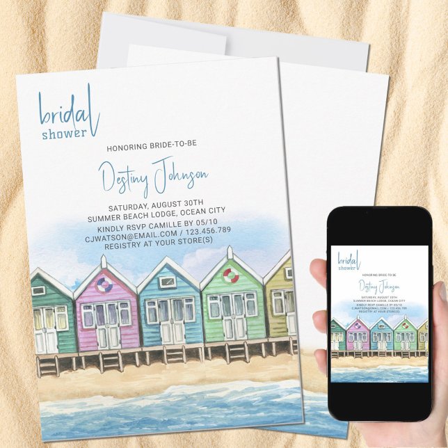 Invitación Beach Huts Watercolor Océano Front Bridal Shower (Bridal Shower Invitation with colorful pastel beach huts on the beach)