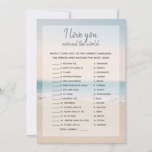 Invitación Beach I Love You Foreign Words Bridal Shower Game (Anverso)