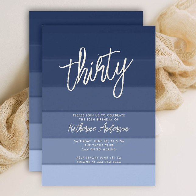 Invitación Beach Nautical Navy Stripes Moderno 30 cumpleaños (30TH birthday invitation her coastal nautical boat yacht beach waterfront ocean marina stripes)
