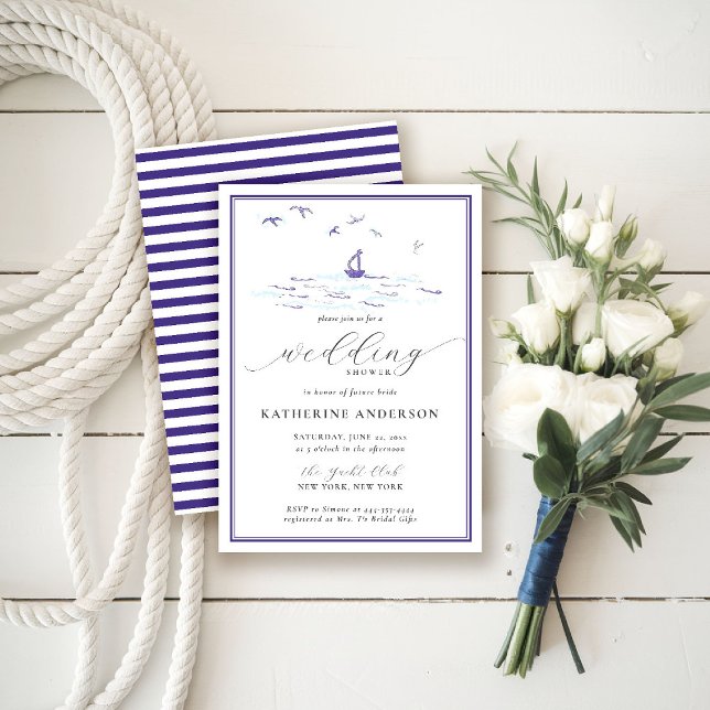 Invitación Beach Nautical Waves Bote Boda Bridal Shower (nautical wedding shower invitation bridal coastal ocean beach waves boat birds modern elegant)