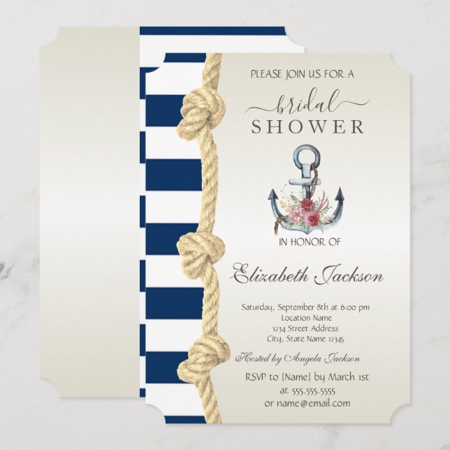 Invitación Beach, Navy Rope, Anchor Stripes Bridal Shower (Anverso / Reverso)