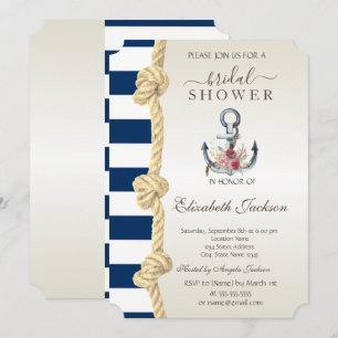 Invitación Beach, Navy Rope, Anchor Stripes Bridal Shower