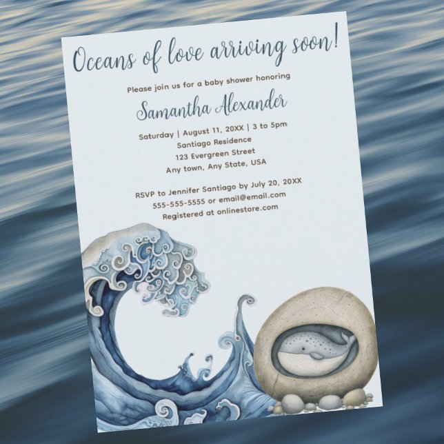 Invitación Beach Ocean baby (Beach Ocean baby shower invitation. Majestic wave with baby whale peeking from rock. Whimsical.)