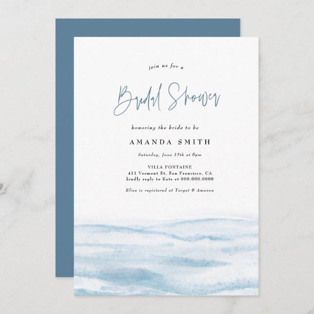 Invitación Beach Ocean Coastal Dusty Blue Bridal Shower (Anverso / Reverso)