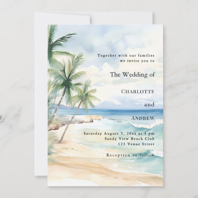 Invitación Beach ocean tropical palm destination wedding (Anverso)