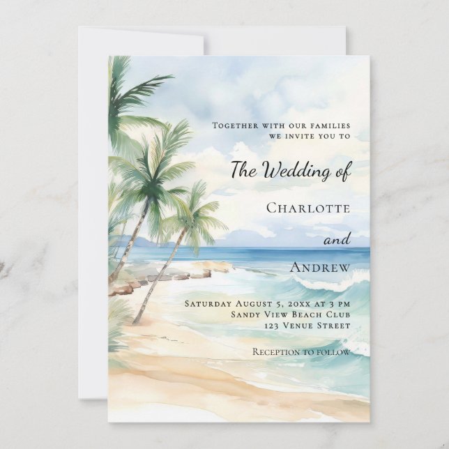 Invitación Beach ocean tropical palm destination wedding (Anverso)