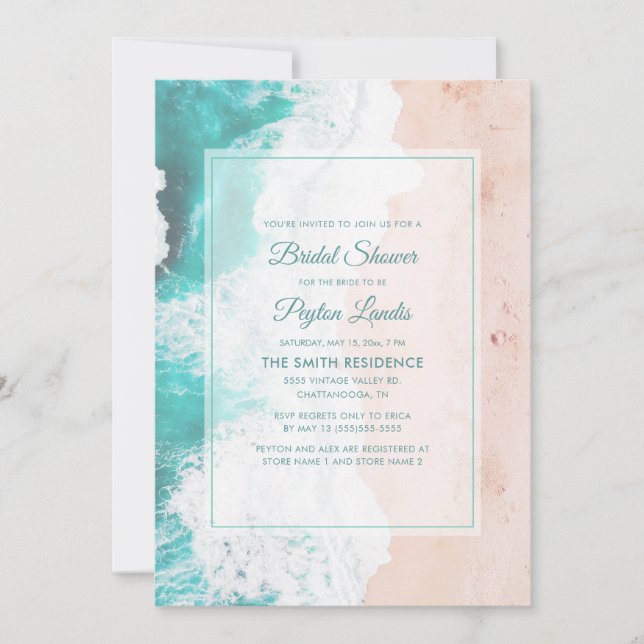 Invitación Beach Ocean Tropical Verde azulada Bridal Shower (Anverso)