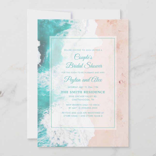 Invitación Beach Ocean Tropical Verde azulado Bridal Shower (Anverso)