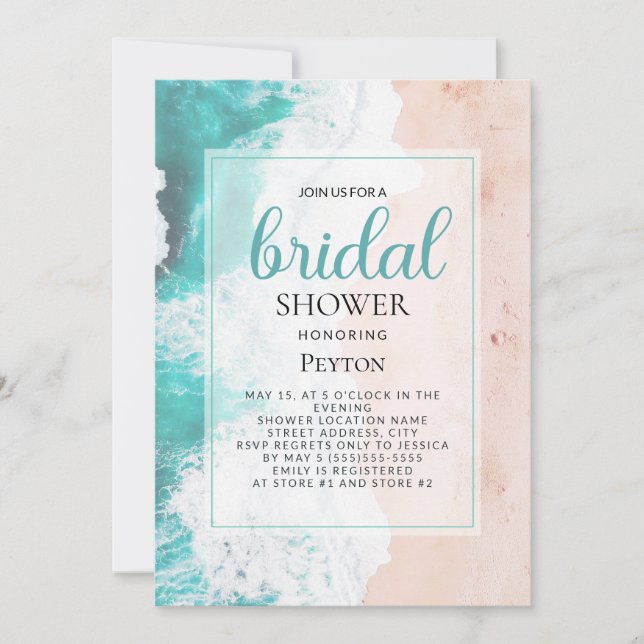 Invitación Beach Ocean Turquoise Tan Bridal Shower (Anverso)