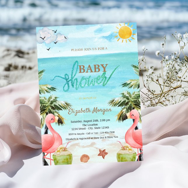 Invitación Beach Palm Pink Flamingos Cocktail Baby Shower (Subido por el creador)