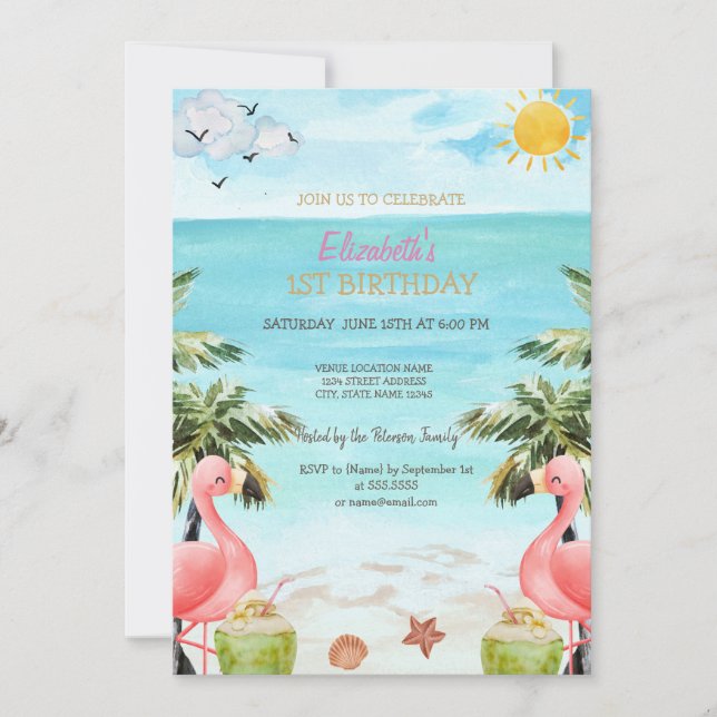 Invitación Beach Palm Pink Flamingos Cóctel 1 (Anverso)