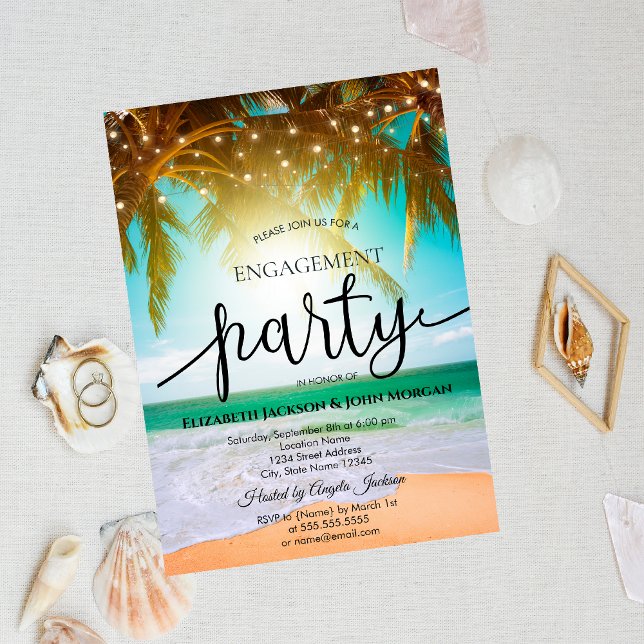 Invitación Beach,Palm,Sun,String Lights Script Engagement (Subido por el creador)