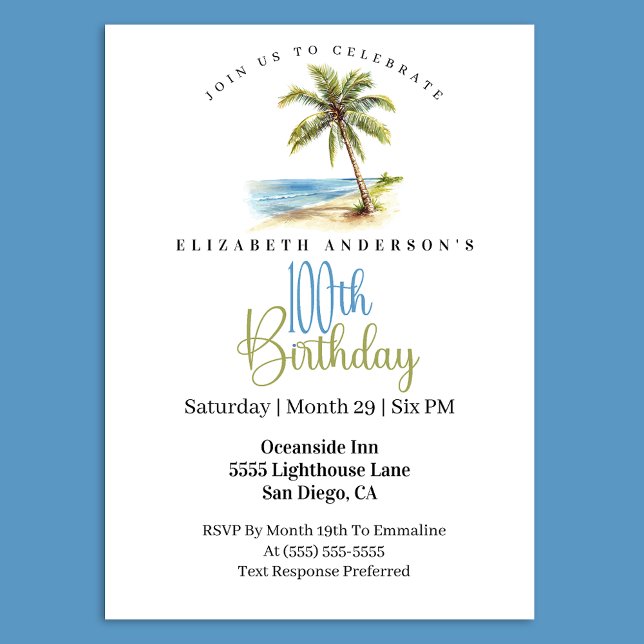 Invitación Beach Palm Tree 100th Birthday (Tropical beach palm tree 100th birthday invitation)