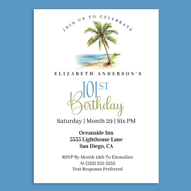 Invitación Beach Palm Tree 101st Birthday (Tropical beach palm tree 101st birthday invitation)