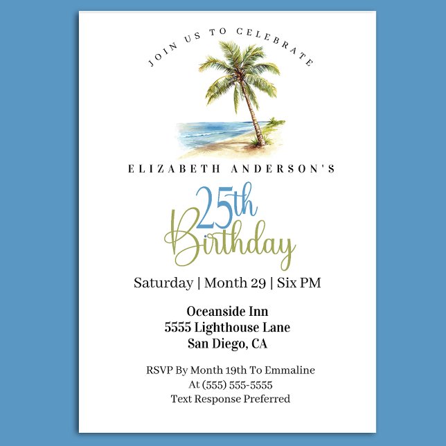 Invitación Beach Palm Tree 25th Birthday (Tropical beach 25th birthday invitation with palm tree ocean watercolor design)