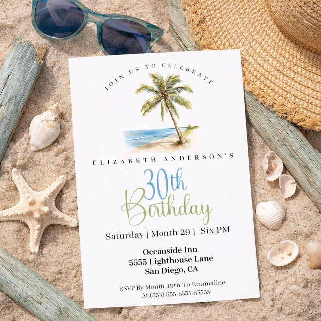 Invitación Beach Palm Tree 30th Birthday (Tropical beach palm tree 30th birthday invitation)