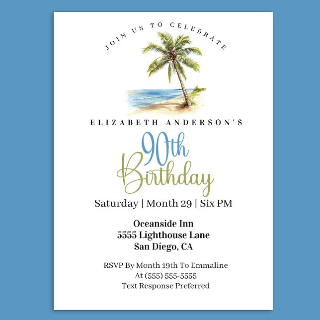 Invitación Beach Palm Tree 90th Birthday (Tropical beach palm tree 90th birthday invitation with a coastal ocean theme )