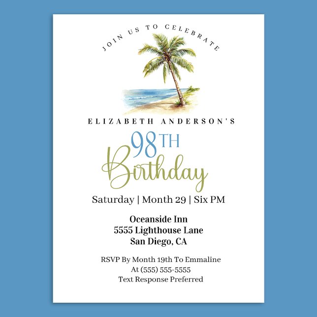 Invitación Beach Palm Tree 98th Birthday (Tropical beach palm tree 98th birthday invitation 
)