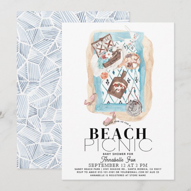 Invitación Beach Picnic Baby Shower Indigo (Anverso / Reverso)