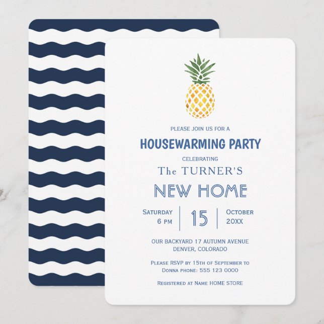Invitación Beach Pineapple Blue Stripes Fiesta Calentador de  (Anverso / Reverso)