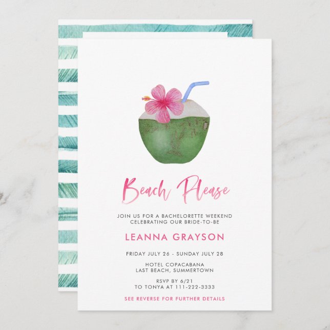 Invitación Beach Please Tropical Coconut Bachelorette Weekend (Anverso / Reverso)