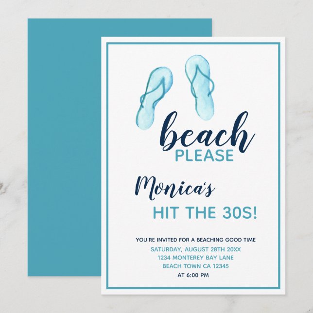 Invitación Beach Please Turquoise Flip Flops 30 cumpleaños (Anverso / Reverso)