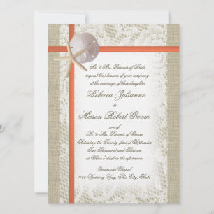 Invitación Beach Romance Burlap y Lace Boda Coral