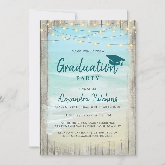 Invitación Beach Rustic Wood String ilumina la fiesta de grad (Anverso)