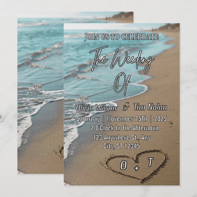 Invitación Beach Sand Hearts Elegant Tropical Modern Wedding (Anverso / Reverso)