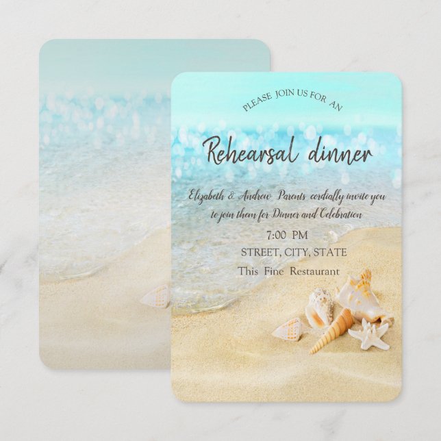 Invitación Beach Sand Sea Seasheles Ensayo Cena (Anverso / Reverso)