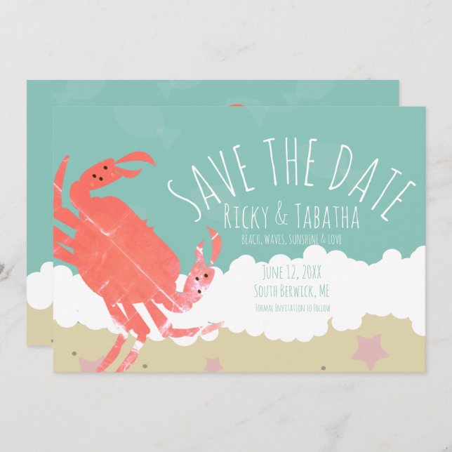 Invitación Beach Save the Date Crab Sand Ocean Waves (Anverso / Reverso)
