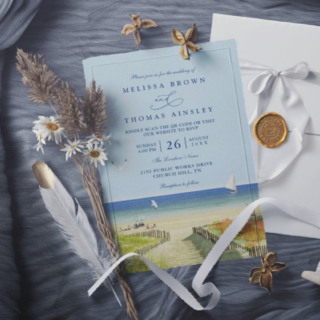 Invitación Beach Sea Tropical Sandy Elegant QR Code Wedding (Subido por el creador)