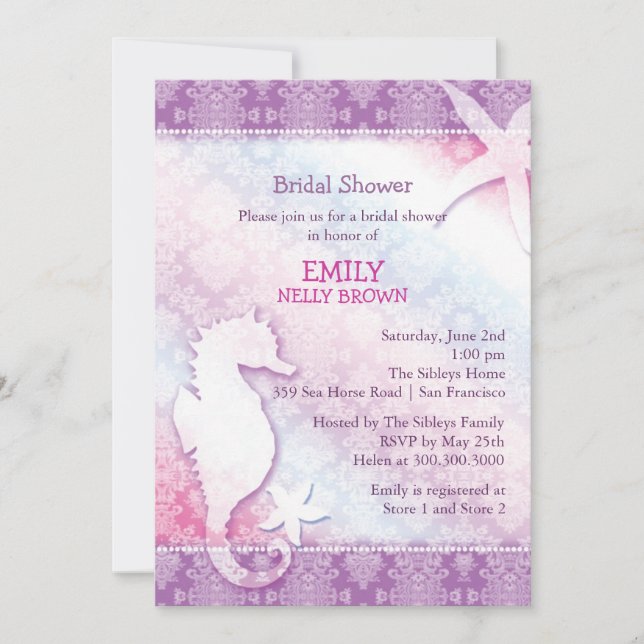 Invitación Beach Seahorse Purple Bridal Shower (Anverso)