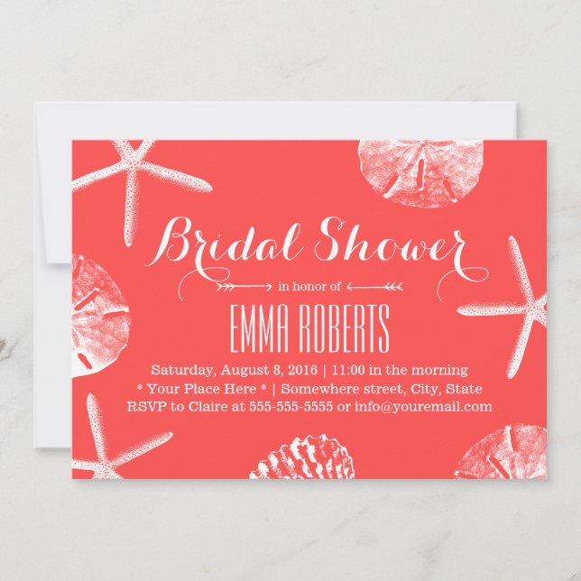 Invitación Beach Seasheles Coral Red Bridal Shower (Anverso)