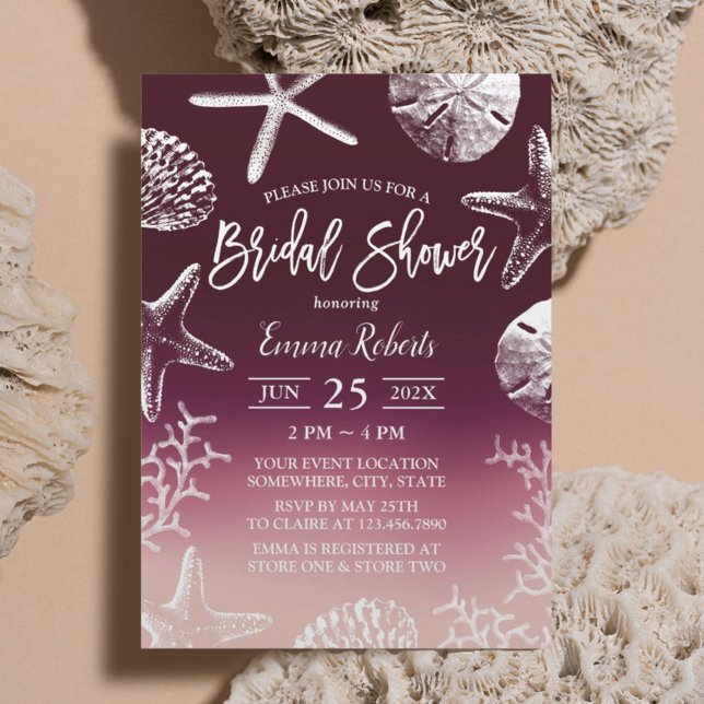 Invitación Beach Seashell Starfish Burgundy Red Bridal Shower (Subido por el creador)