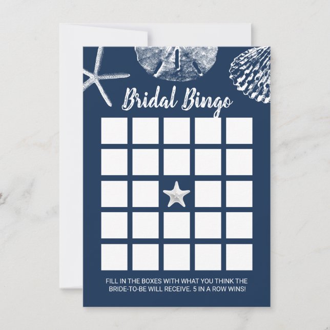 Invitación Beach Seashells Bridal Shower Bingo Game Navy Blue (Anverso)